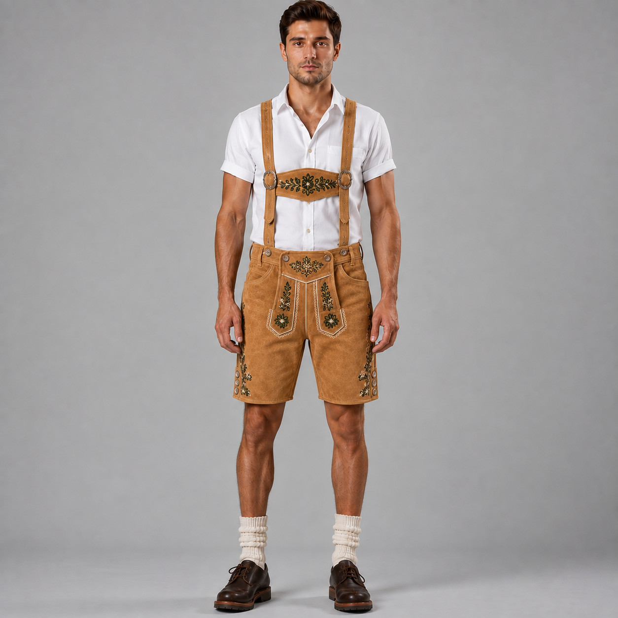 Mens Tan Suede Lederhosen Authentic Bavarian Oktoberfest German Shorts Suspender