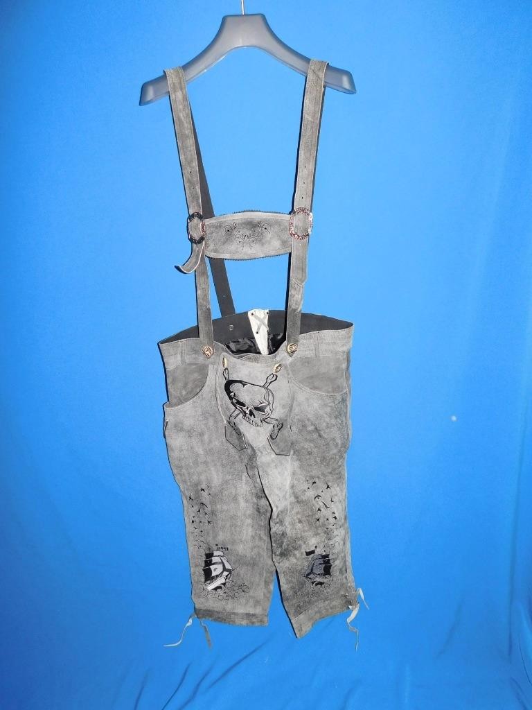 German Lederhosen US Size 36 Gray Suede Pirate Ship Skull Pants Knickers Costume
