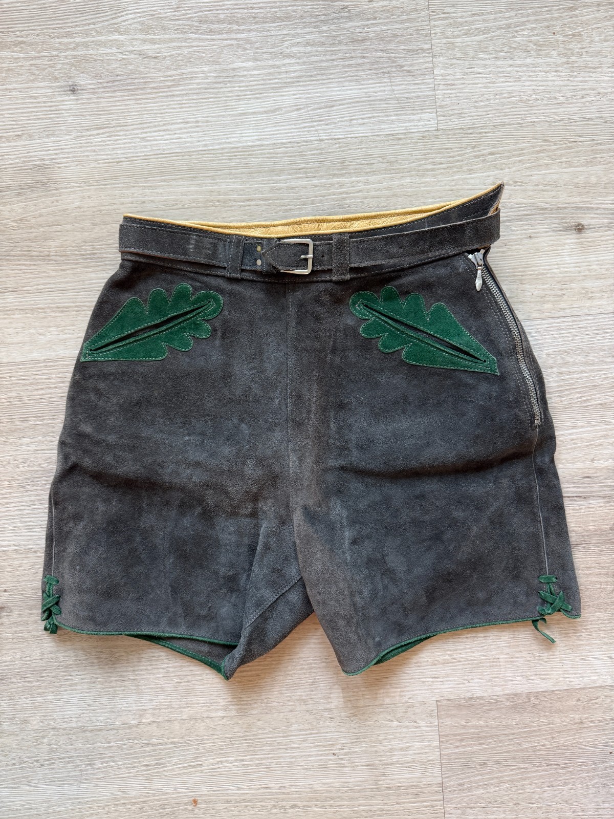 Vintage German Lederhosen Shorts Size 26 Waist Suede Leather Brown Gray 60s