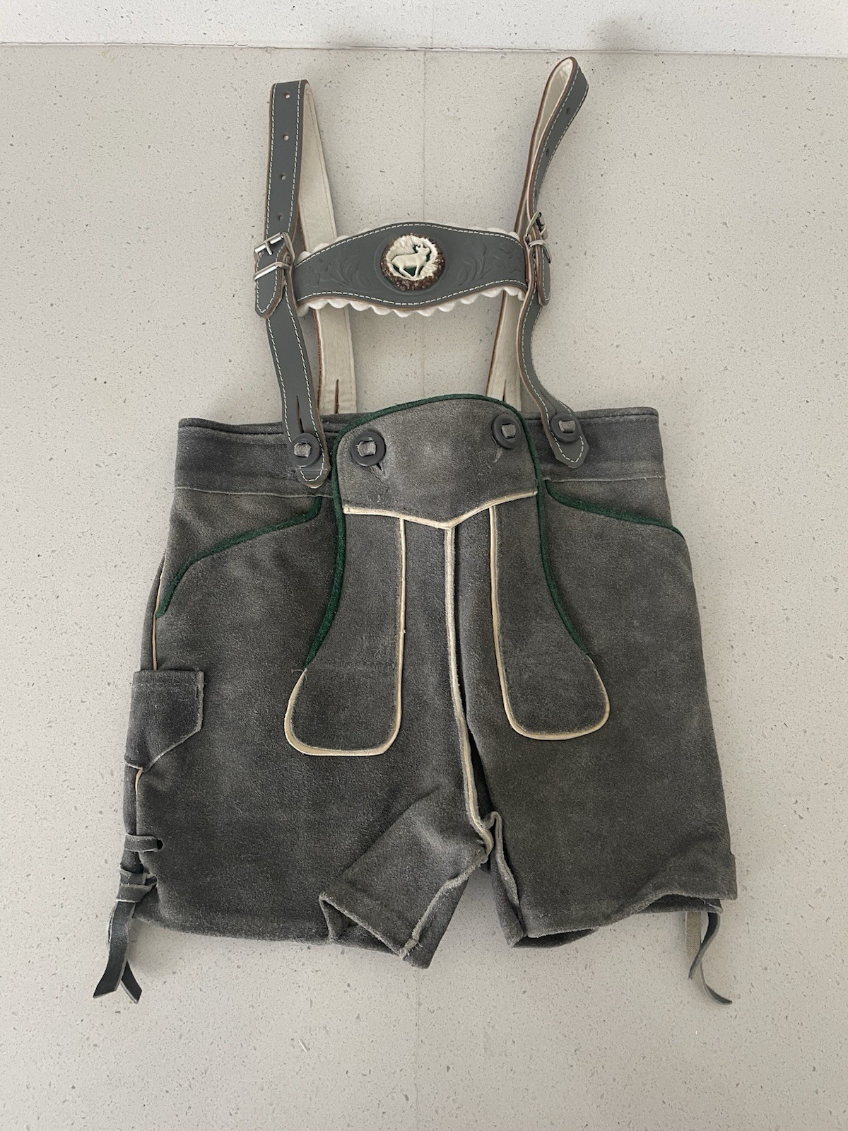 Vintage Authentic Child Lederhosen Suede Shorts With Bib Suspenders 21”Waist
