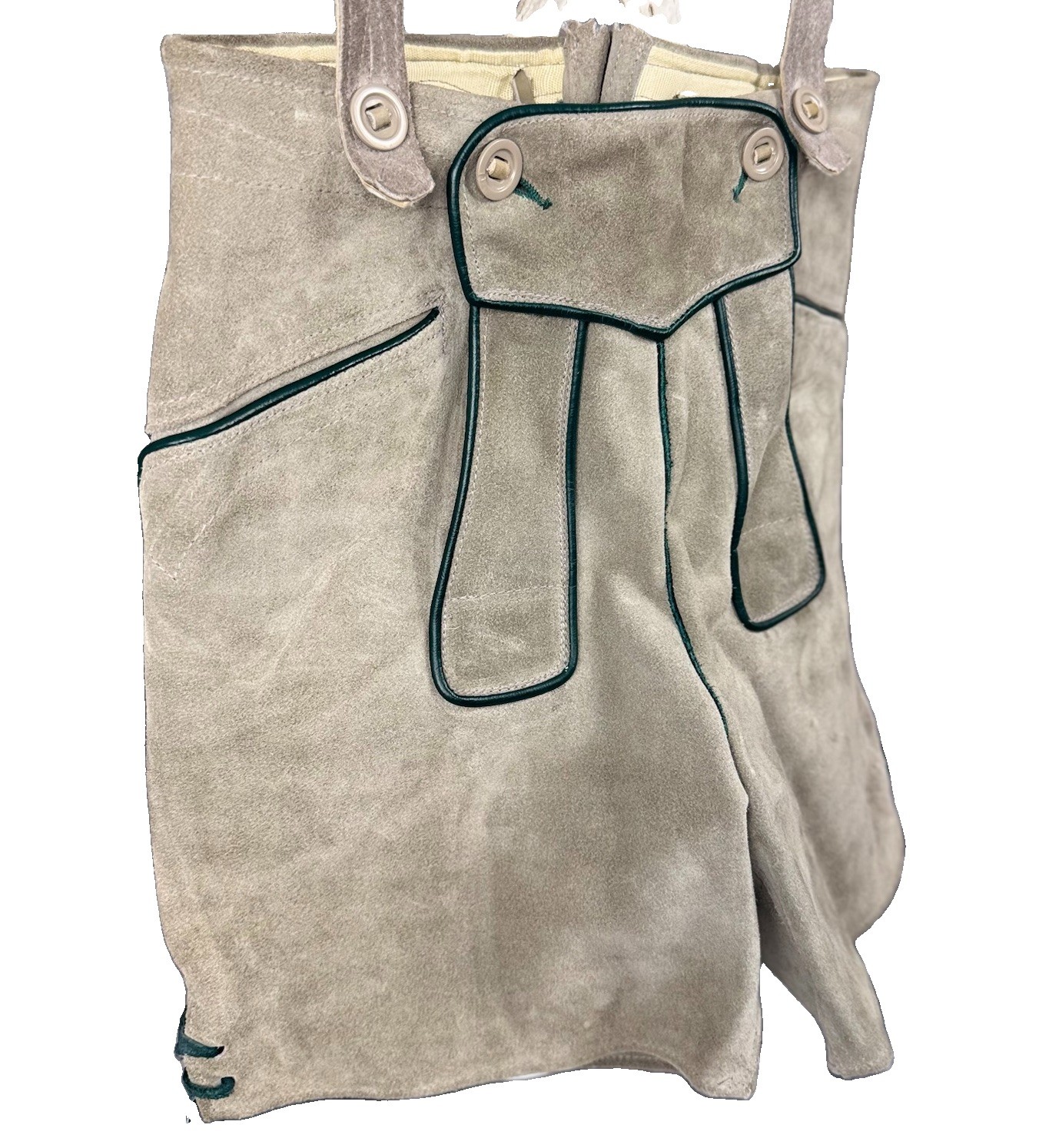 VTG Gray Suede Lederhosen Oktoberfest German Bavarian Suspender Shorts 26″ Waist
