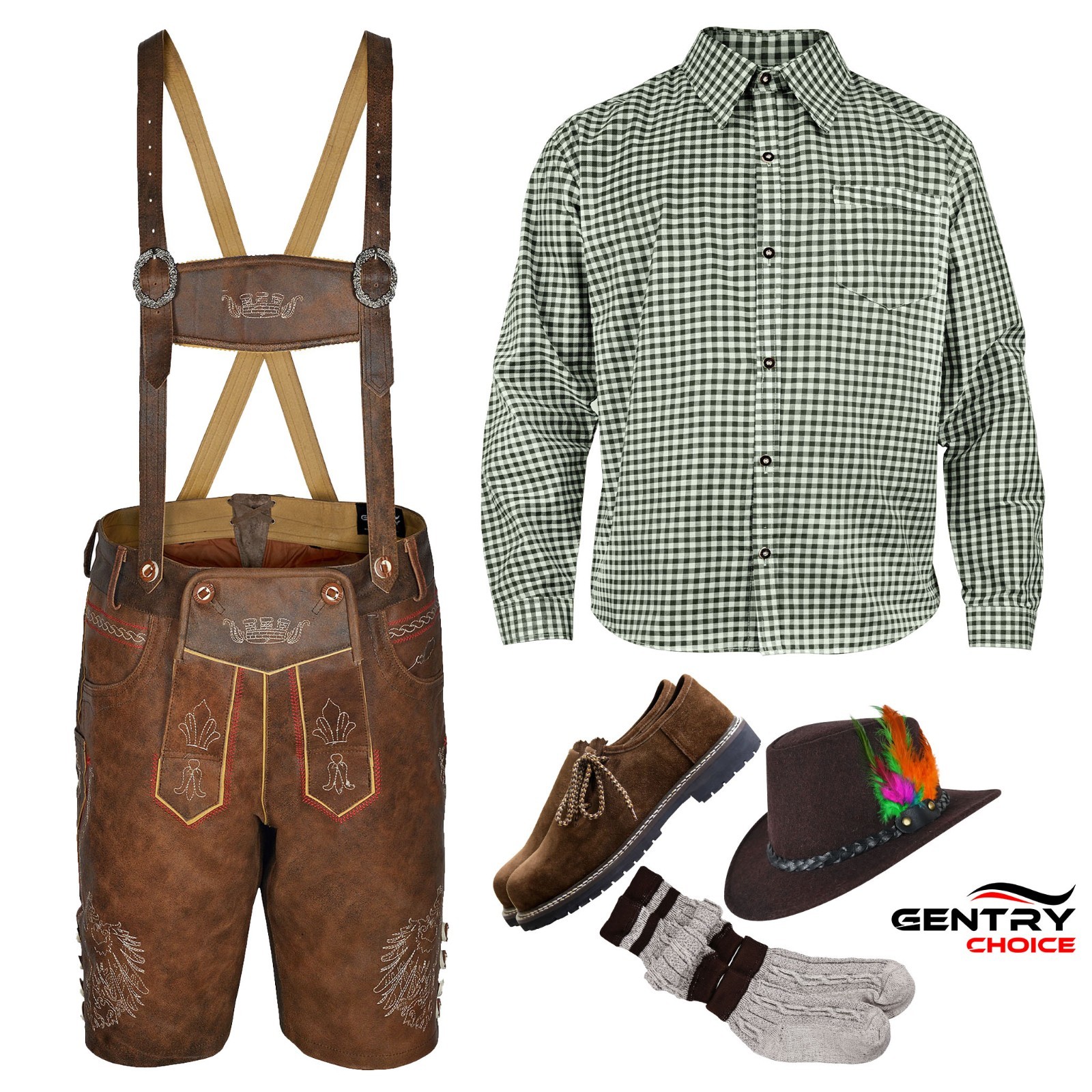 Men Oktoberfest Costumes Bavarian Lederhosen Outfit Complete Set with German Hat