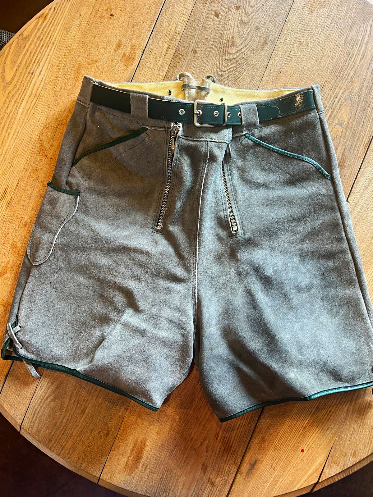 Vintage Gray Leather Lederhosen Shorts w/ Belt Size 14/72 Art. 203/VIII