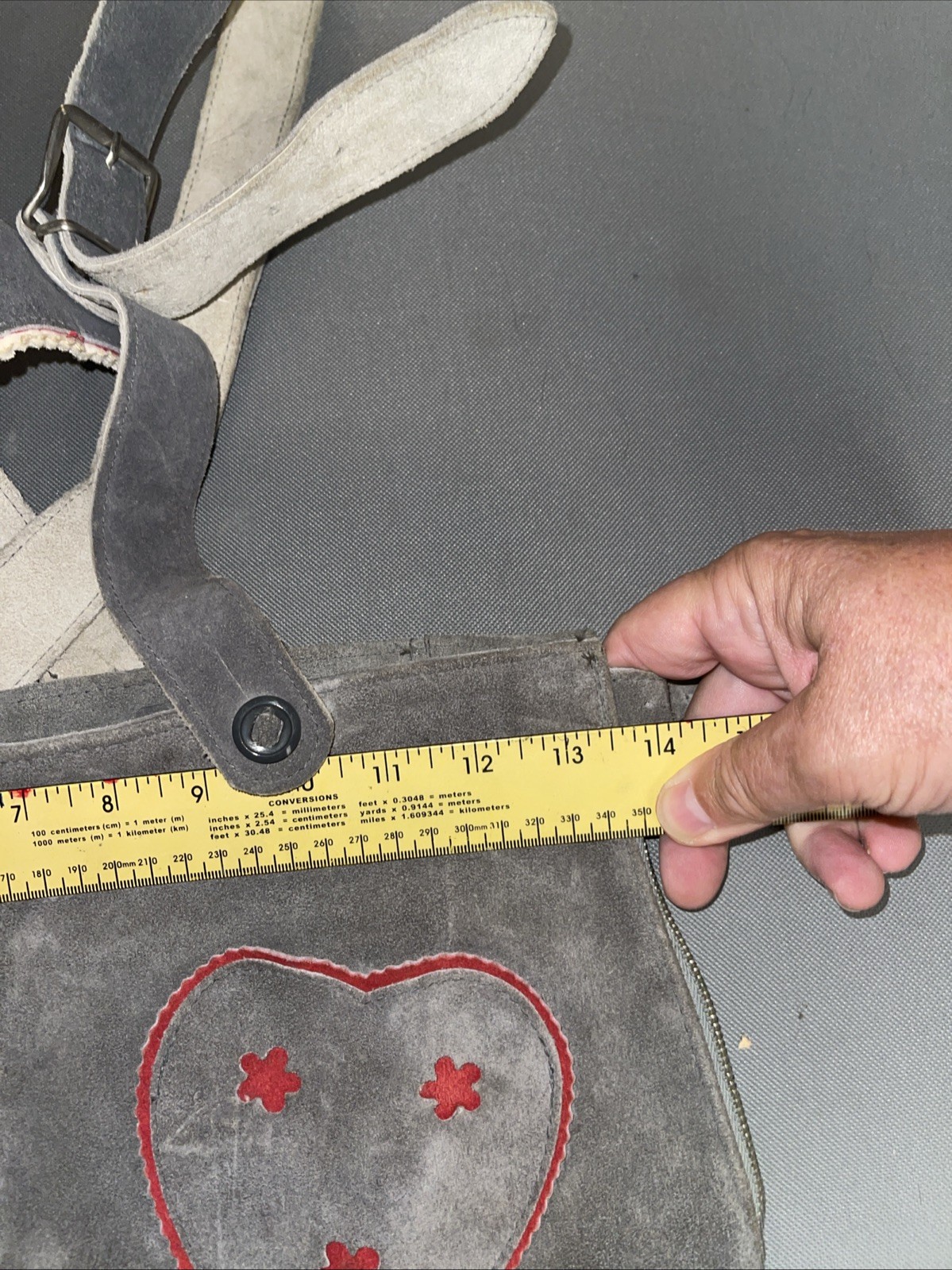 Vintage Women’s German Lederhosen Gray Suede Heart Details 27” Waist 2.5” Inseam