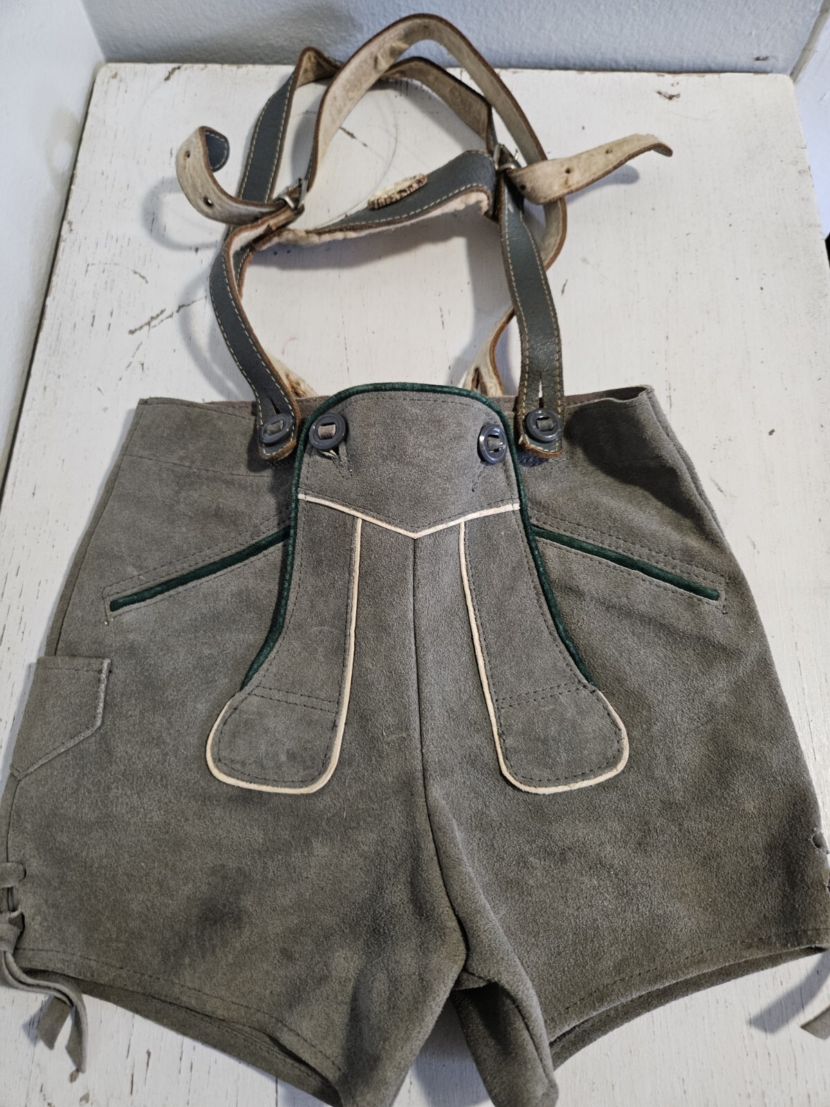 Vintage Kids Size 2 German Lederhosen Leather Suede Green Gray