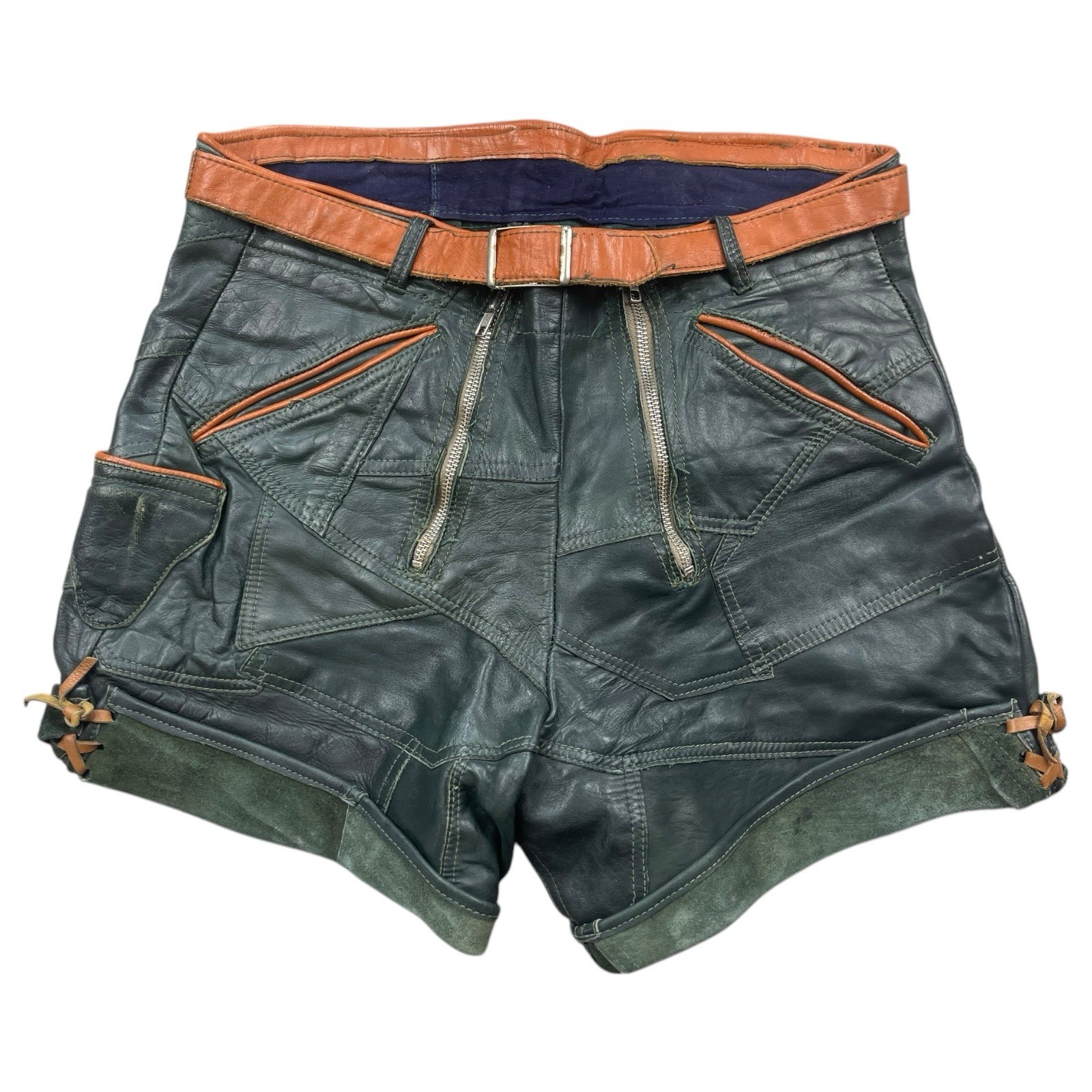 Short leather trousers – green + brown size S/M cotton 43cm vintage smooth zip 70s