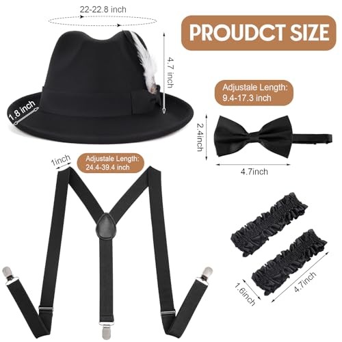 1920s Mens Costume Retro Gatsby Gangster Accessories Set Fedora Hat Black