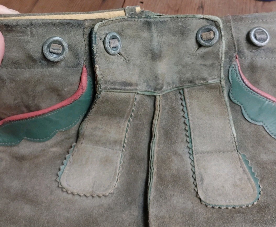 Vintage Germany Boy Child Suede Leather Lederhosen Gray Green 22 In Waist