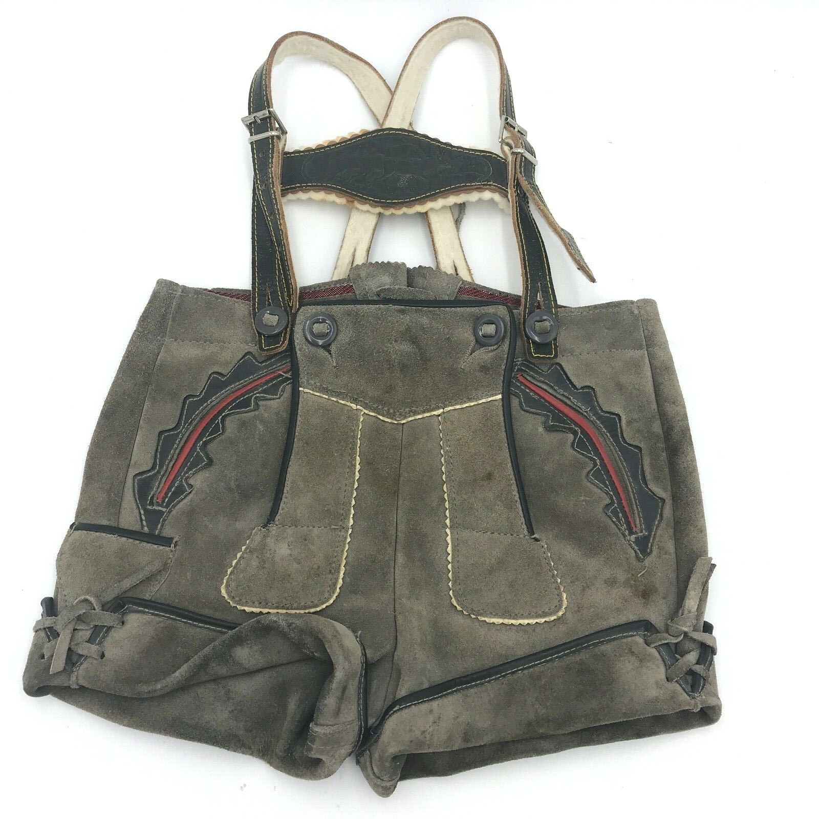 Vtg Lederhosen Grey Suede Leather 21″ Sm Waist Decor