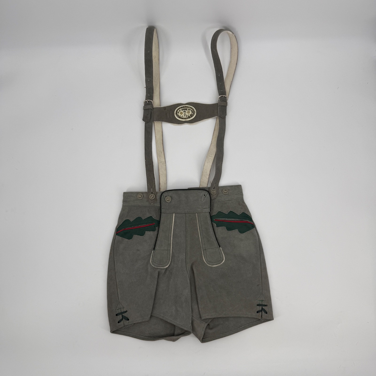 Vintage German Leather Lederhosen Shorts Suspenders Gray Suede Oktoberfest 36D