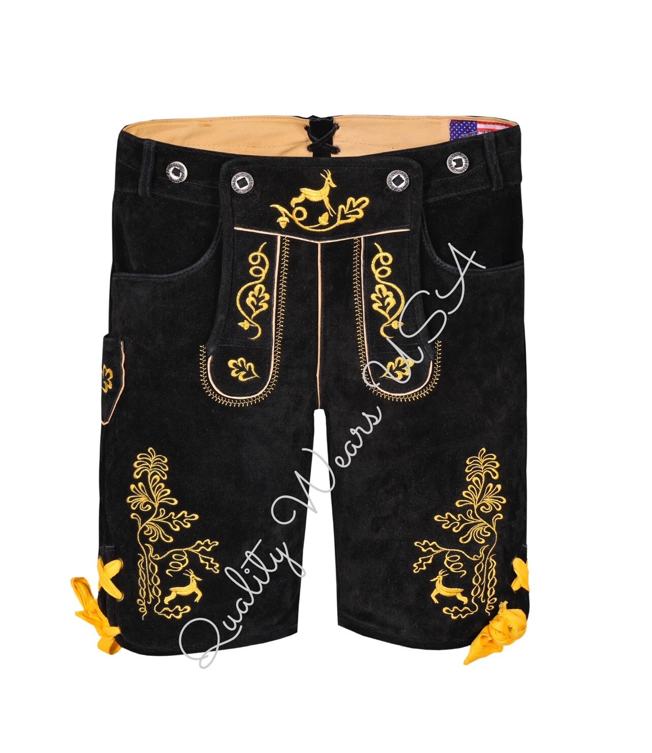 Men Authentic Lederhosen – Oktoberfest Lederhosen- Black & Yellow