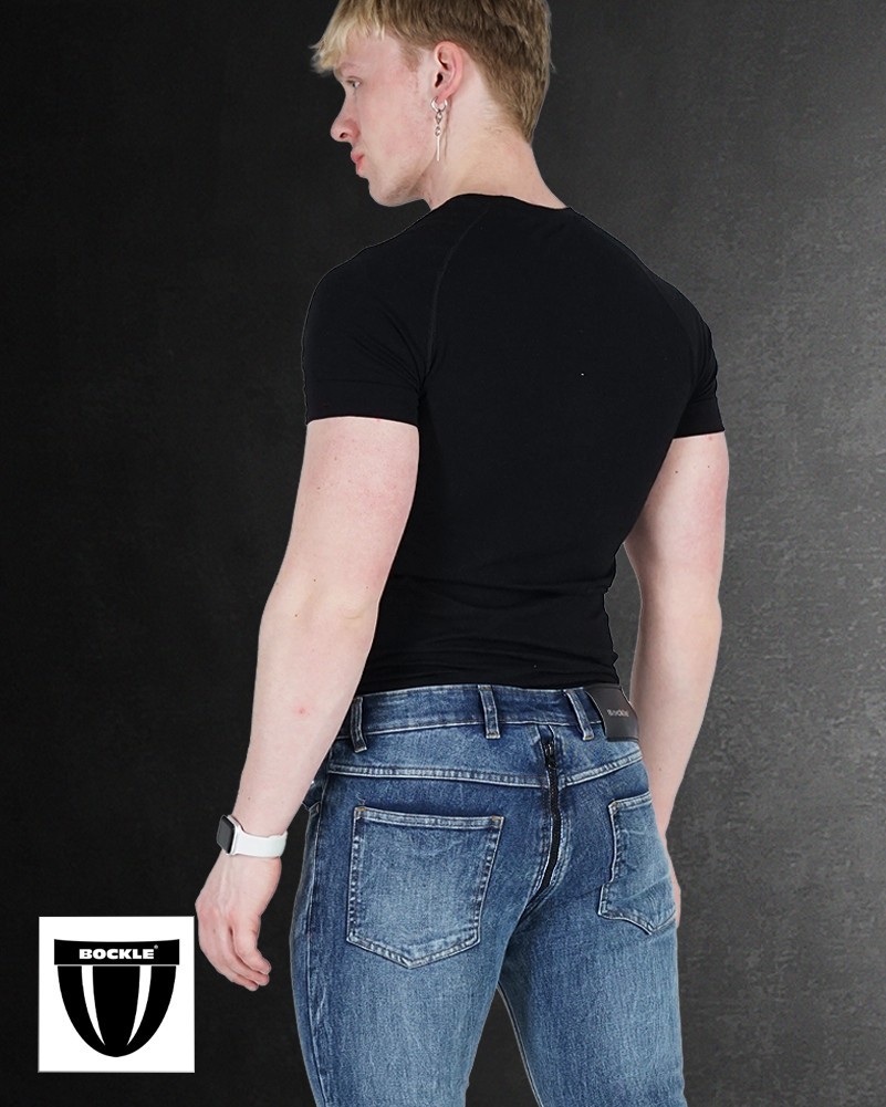 Bockle® GAY-ZIP® 5 Skinny Stretch Jeans Blue Denim Pants Jock Strap Sewn In