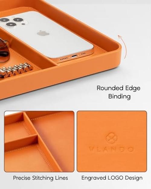 Valet Tray for Men, PU Leather Catchall Tray with Dividers | Nightstand Orange