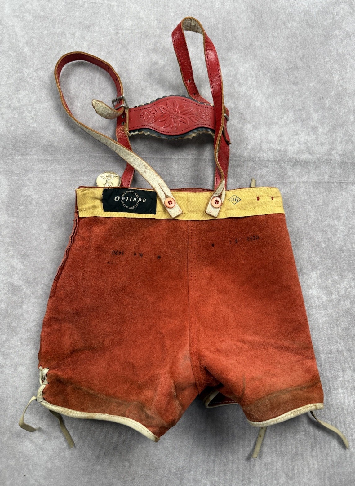 VTG German Red Leather Girls Lederhosen Ortlepp Heart Oktoberfest Bavarian