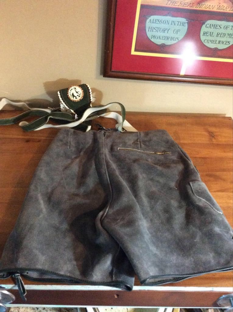 Vintage Leather Lederhosen with Suspenders. Octoberfest Deer Emblem
