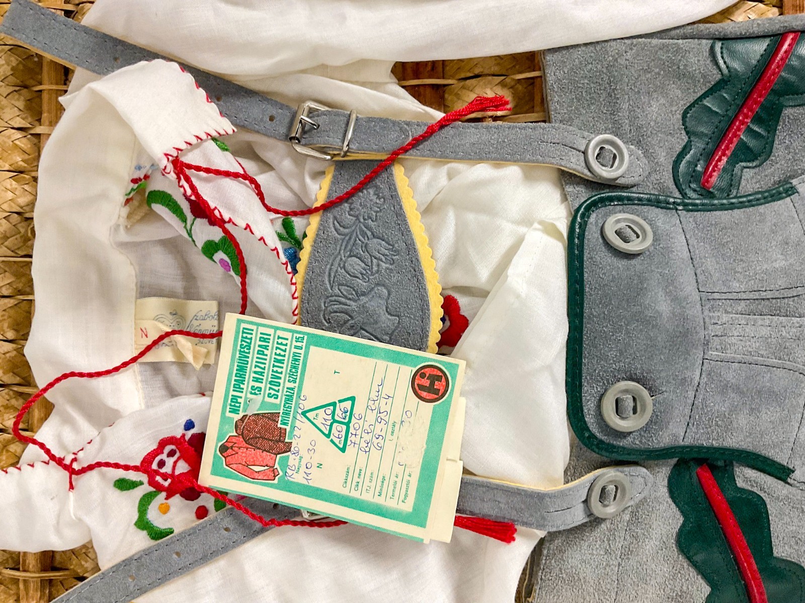 Vintage Hungarian Folk Costume Child Embroidered Lederhosen Set Suede EU