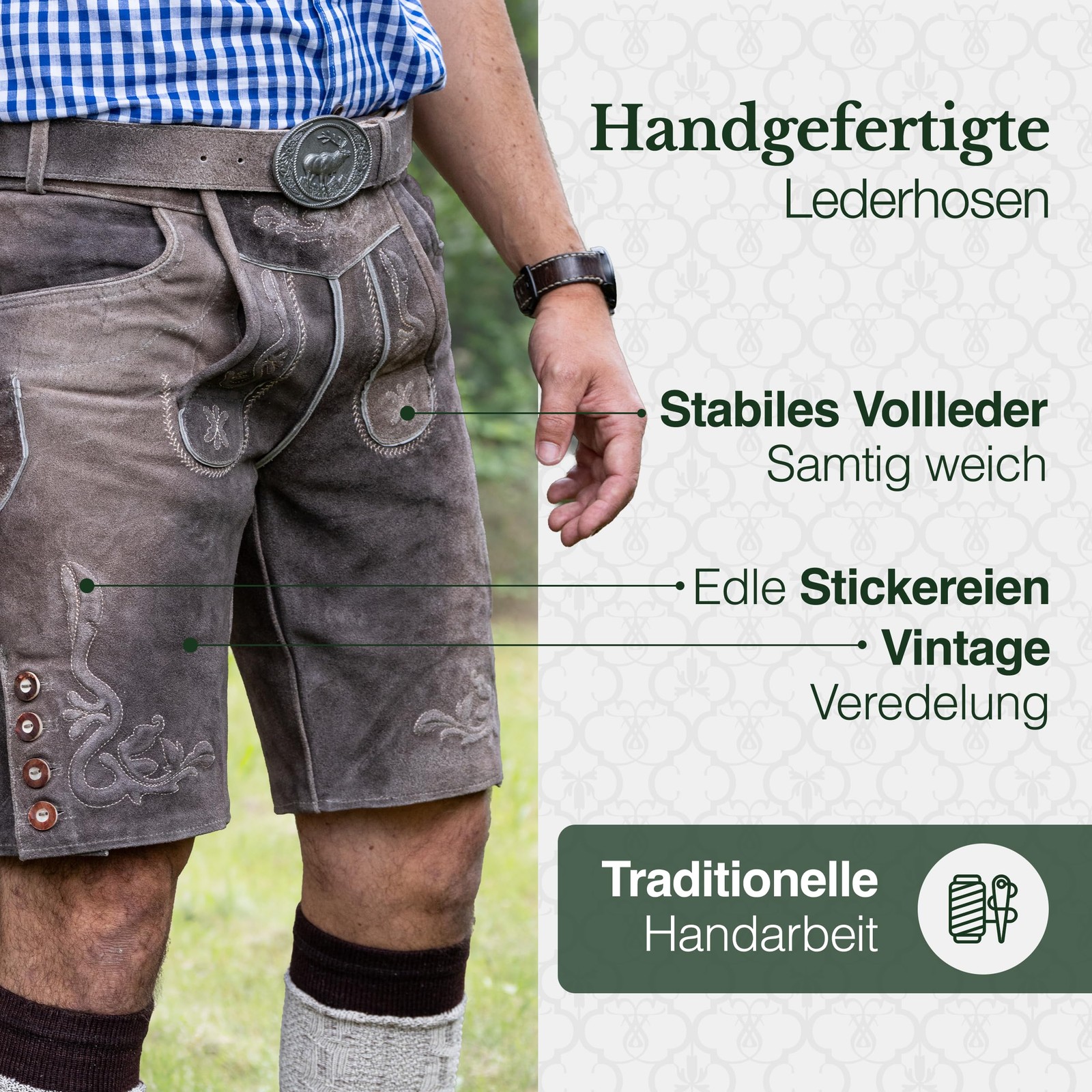 Men’s Vintage Lederhosen Styria Short Traditional Lederhosen Antique Taupe incl…