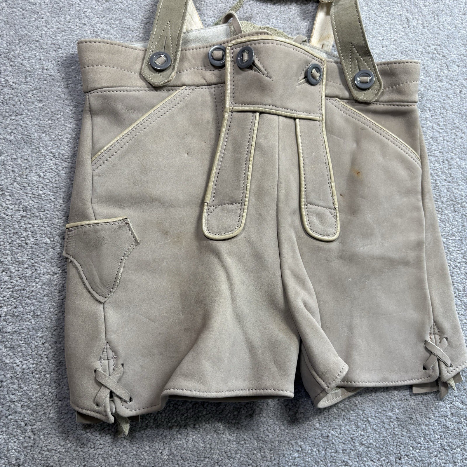 1960s German Lederhosen Leather Suede Overalls KIDS Size 6 Green Gray Embroidery