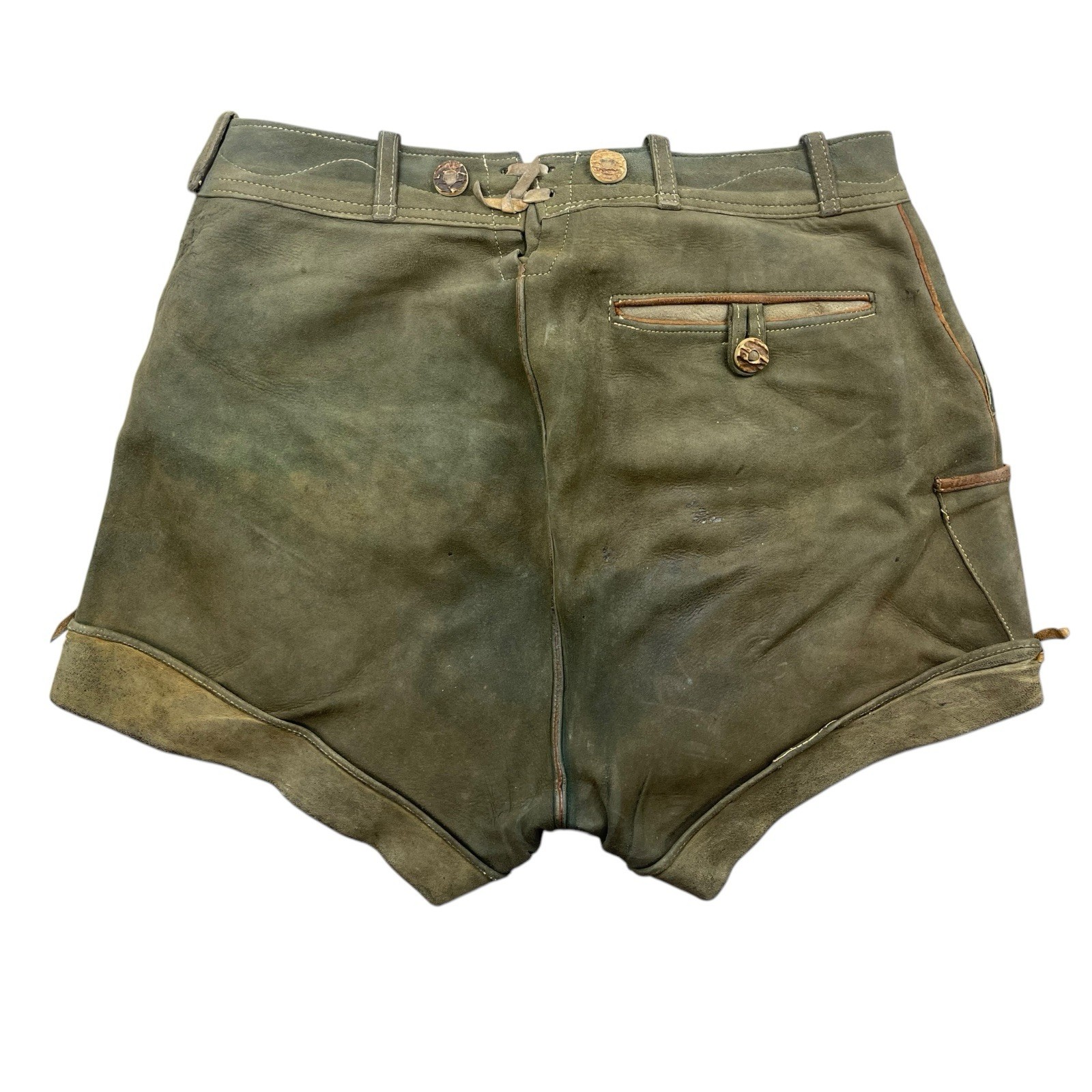 Short leather trousers size S-M waist 43cm laurel leaf 70s green leather vintage