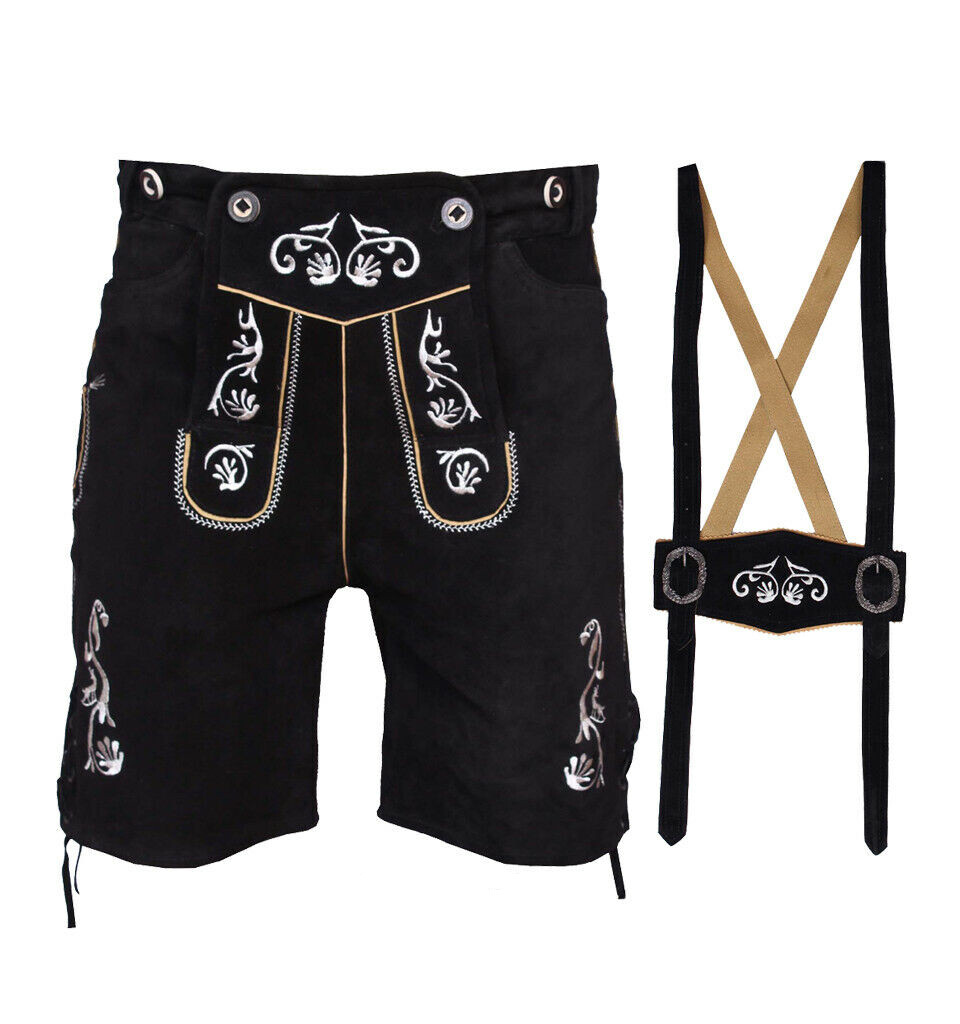 Oktoberfest Costume Authentic Suede Leather Lederhosen Black Bavarian Men Outfit
