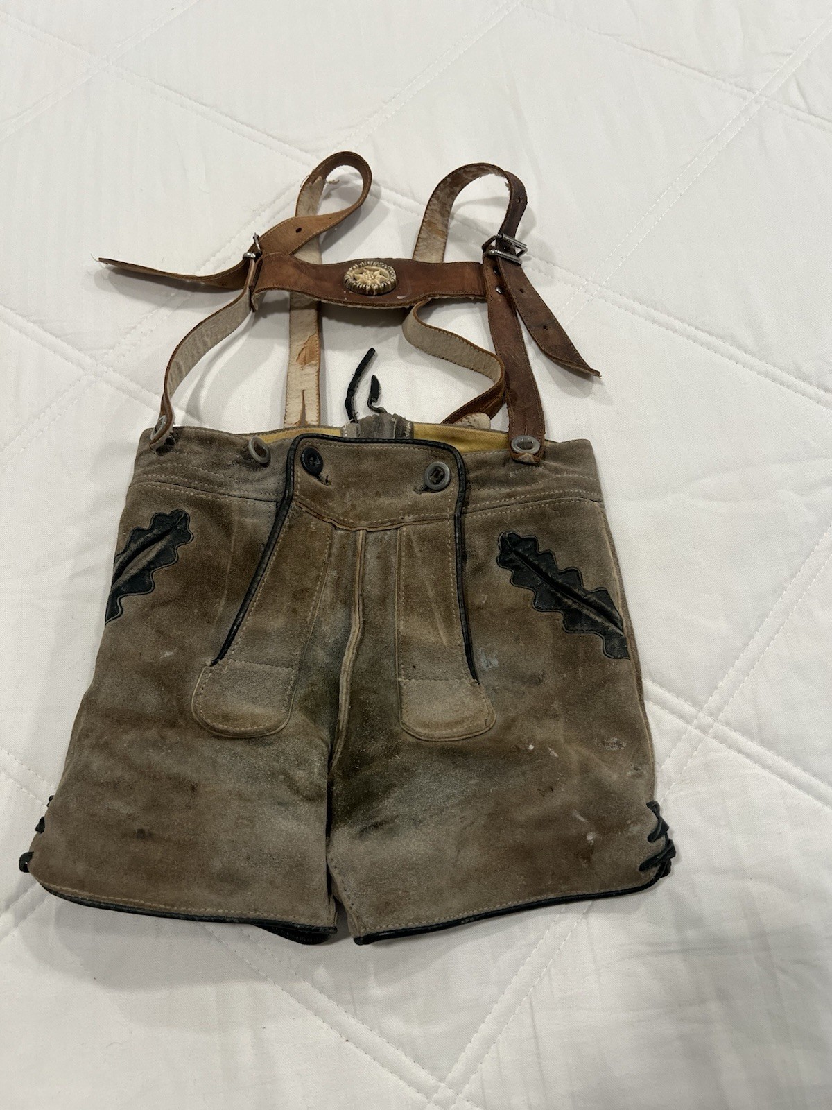 Vintage Lot Of Two German Lederhosen Overalls Suede Leather, Bergfreund 24 Waist