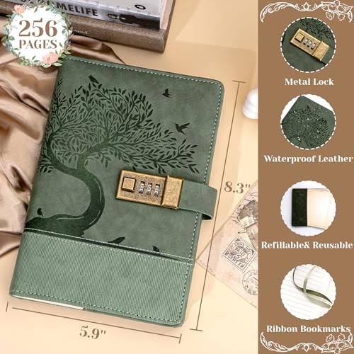 Vintage Diary with Lock for Women Girls 256 Pages Leather Journal with Green