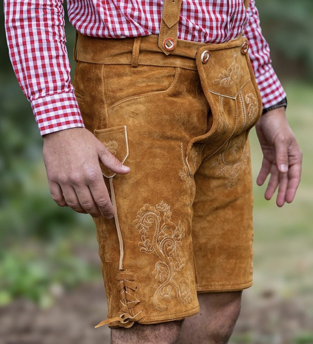 Schonoberger Trachten Couture Lederhosen Brown Suede German Oktoberfest Size 42