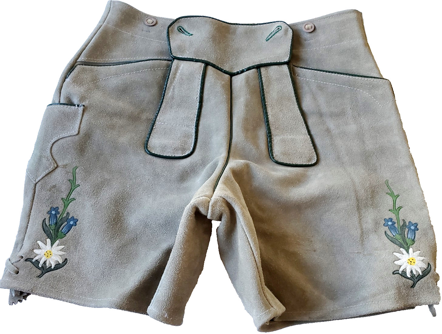 Vtg 70’s Authentic Lederhosen Gray-Green Shorts Suede Leather 30″Waist Edelweiss