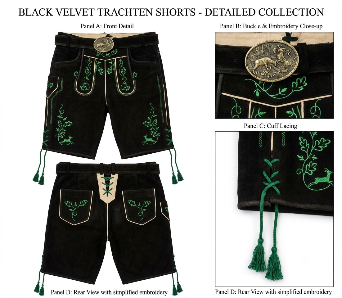 Mens Oktoberfest Lederhosen Black Genuine Suede Shorts Bavarian Folk Short New