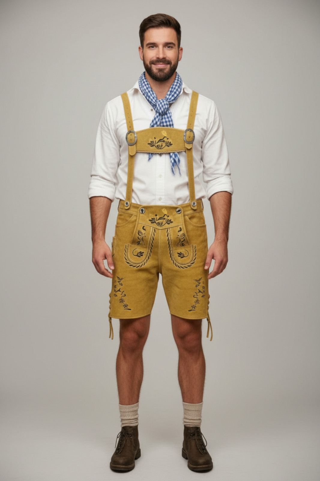Lederhosen Men Octorberfest Real Suede Leather Golden Yellow