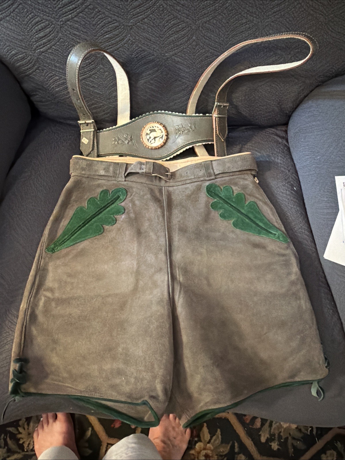 Vintage Lederhosen West Germany Leather Suede Gray Waist 26 Button Suspenders