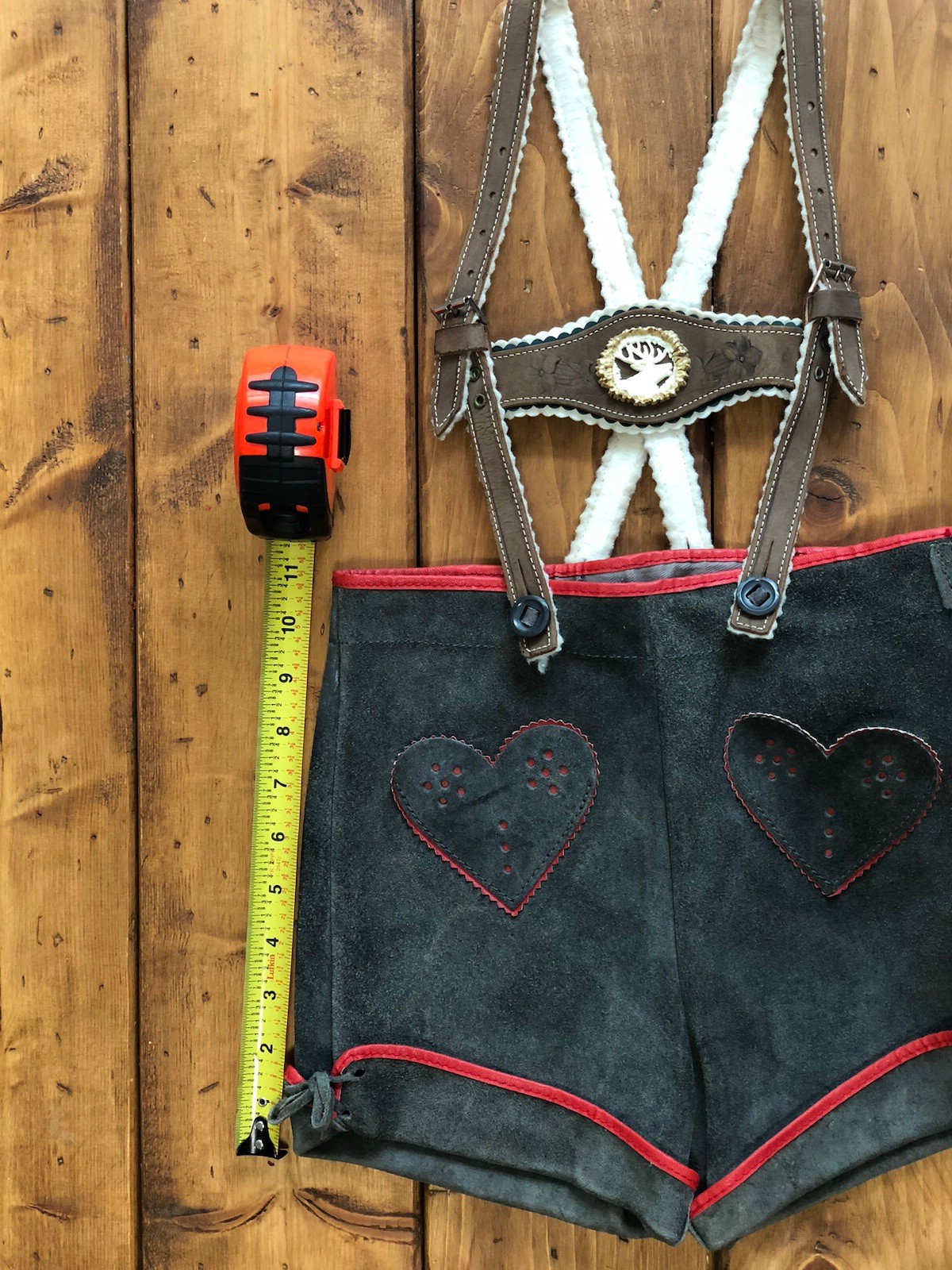Vintage Austrian Child’s Leather Lederhosen Brown Deer Bust with heart pockets