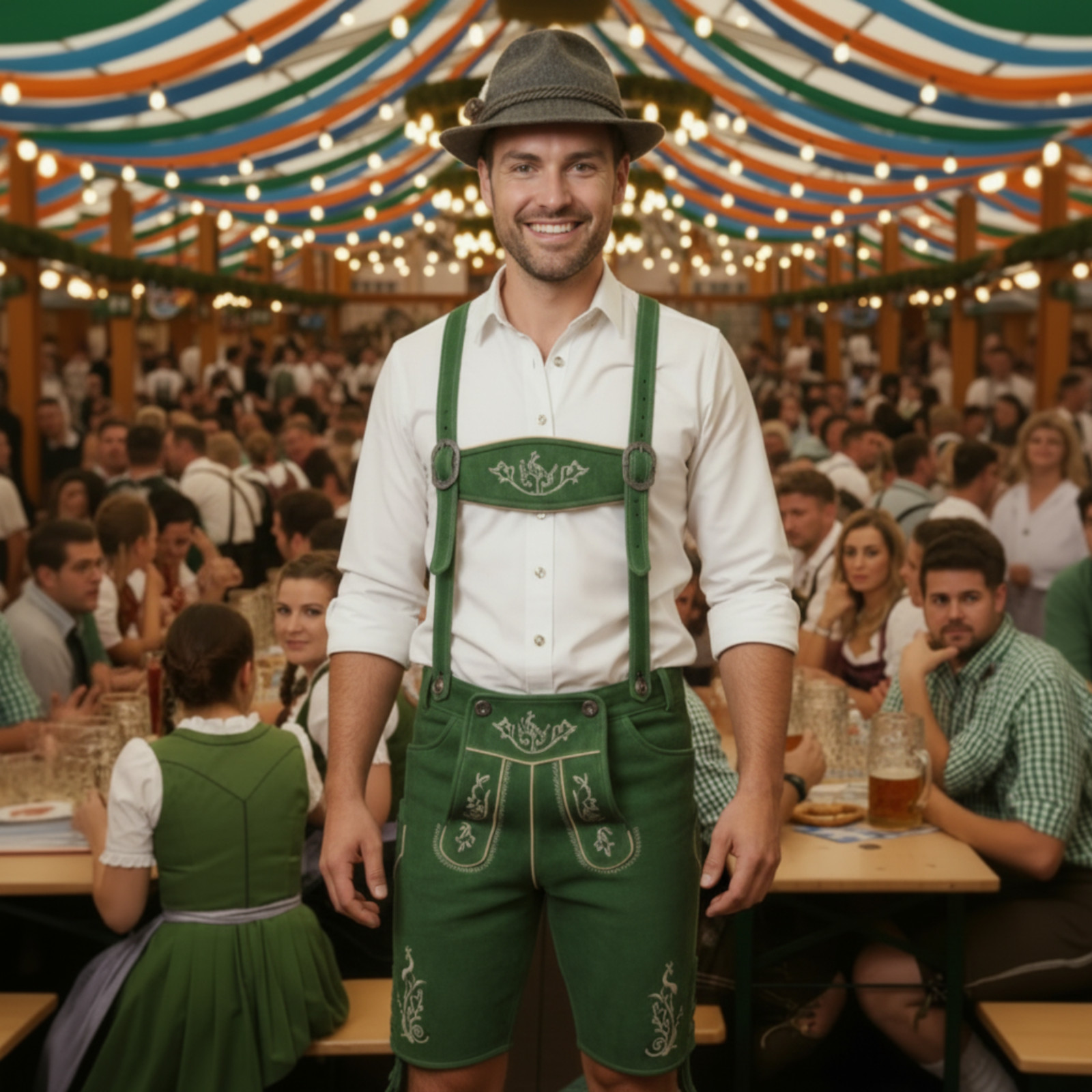 Men Lederhosen made of Genuine Cow Suede Leather Green