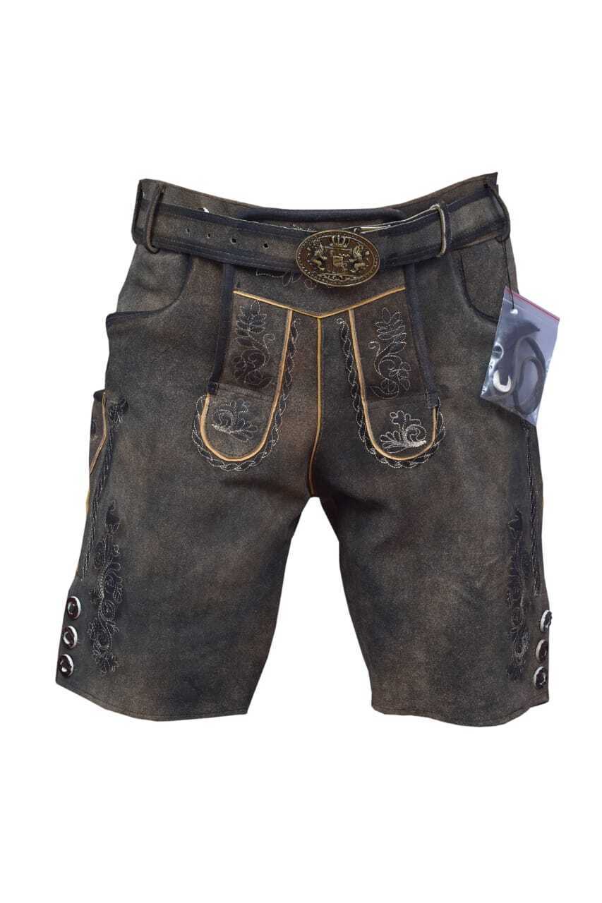 Short Lederhosen Men’s Lorenz Costume Pants with Belt Antique Dark Gray Brown