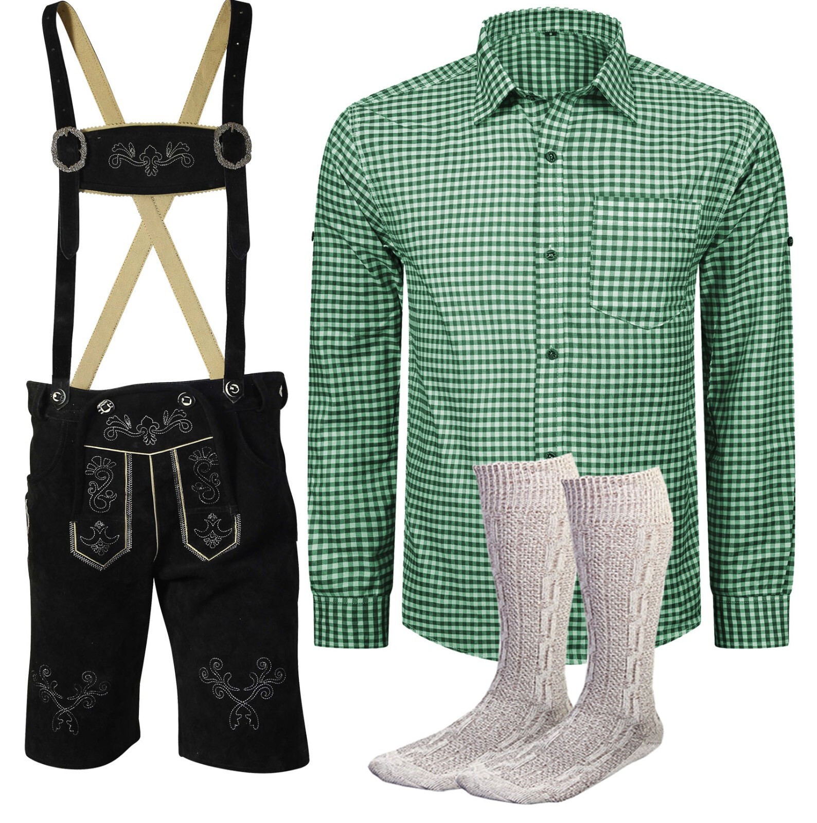 Men’s costume set short costume leather pants sizes 46 to 62 green shirt with socks