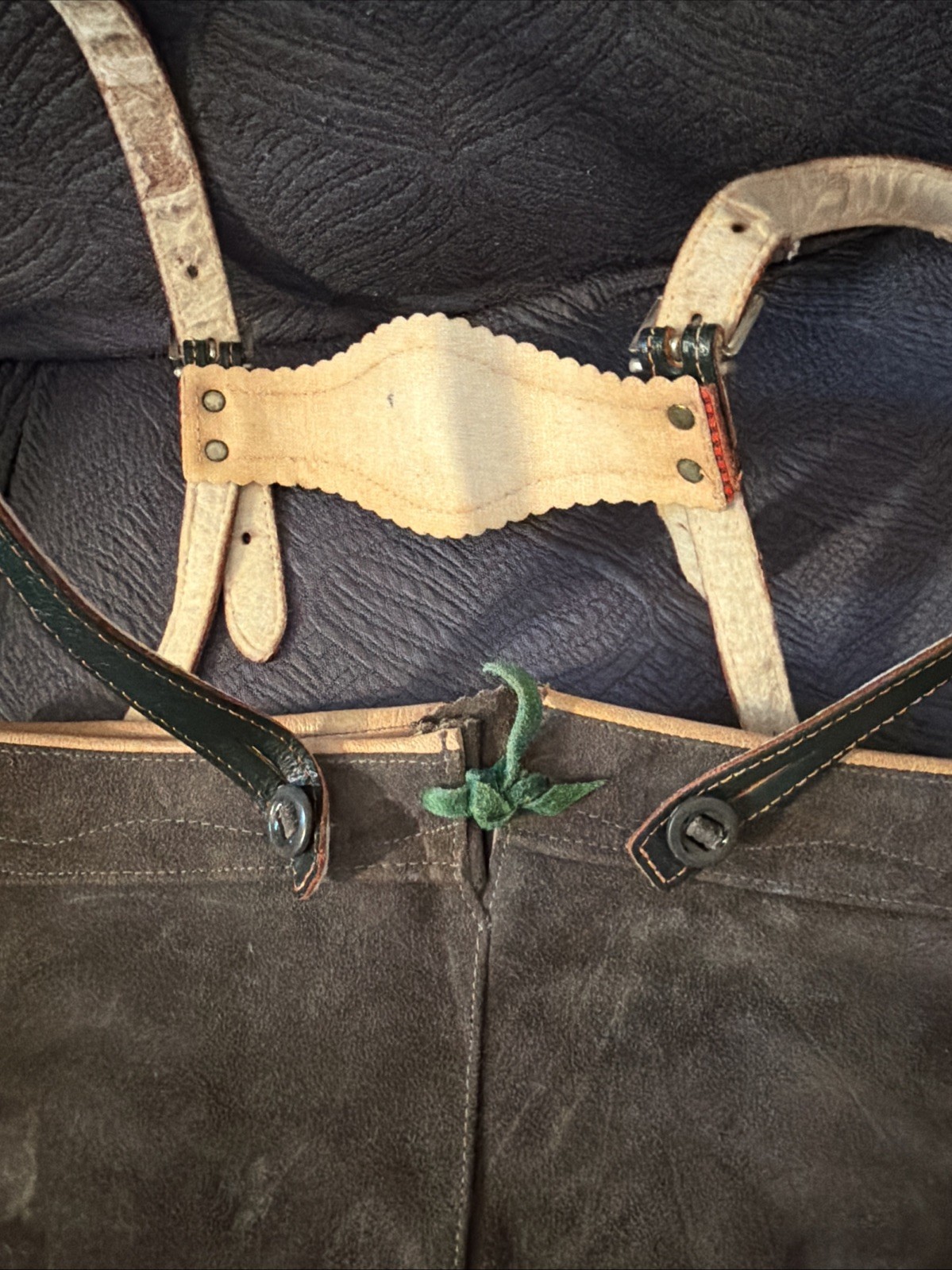 Vintage Lederhosen West Germany Leather Suede Gray Waist 21 Button Suspenders