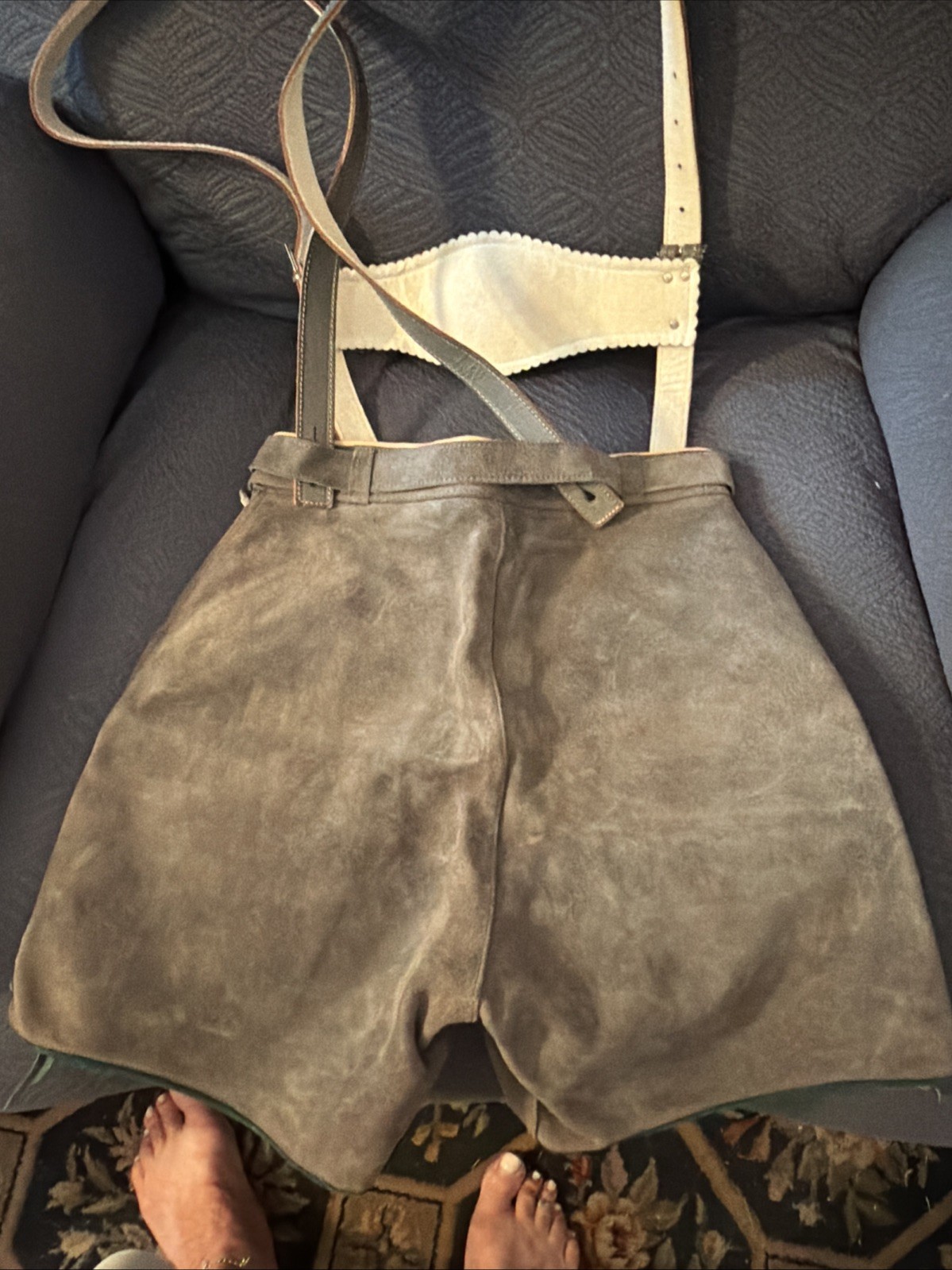 Vintage Lederhosen West Germany Leather Suede Gray Waist 26 Button Suspenders