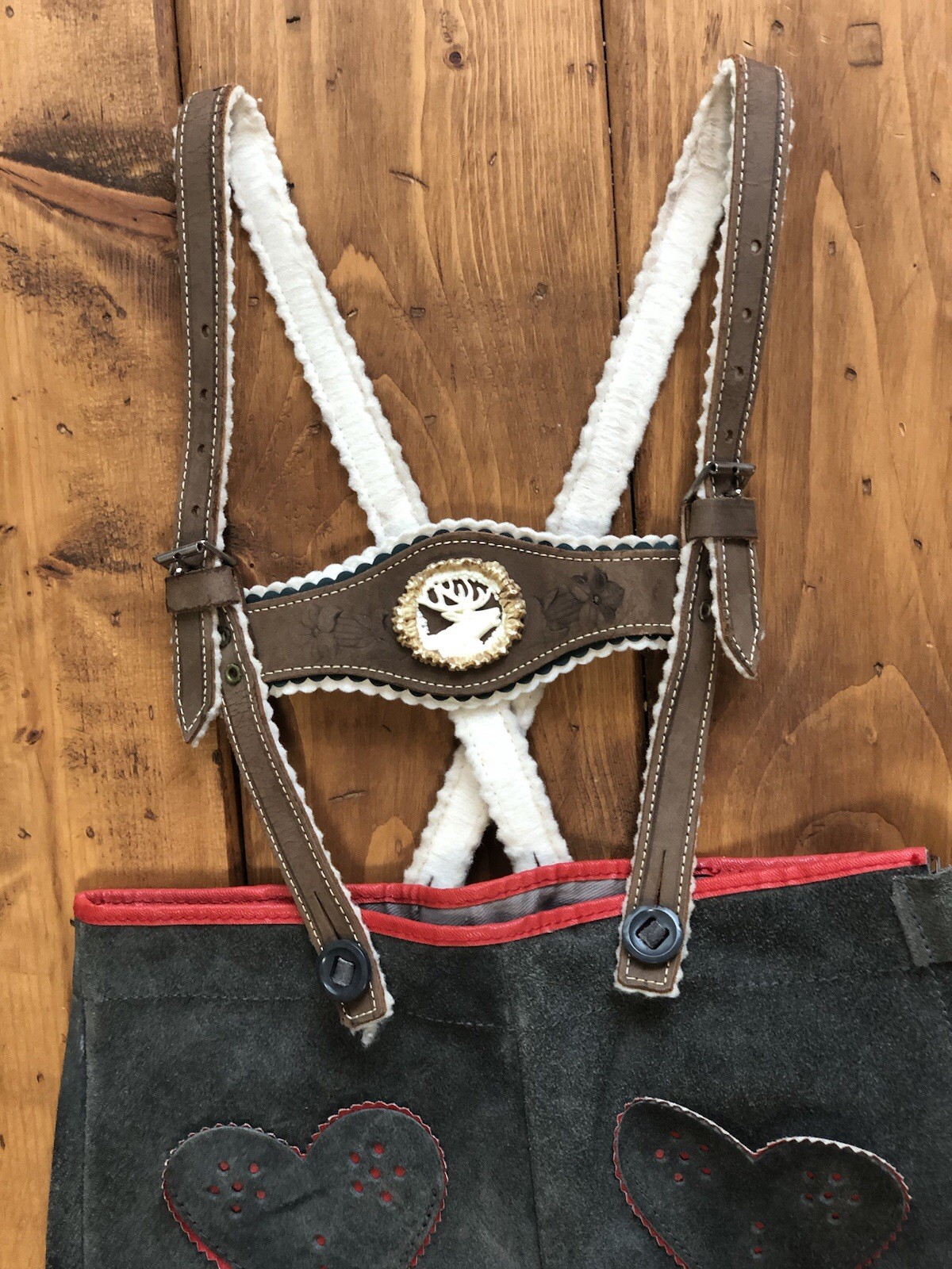 Vintage Austrian Child’s Leather Lederhosen Brown Deer Bust with heart pockets