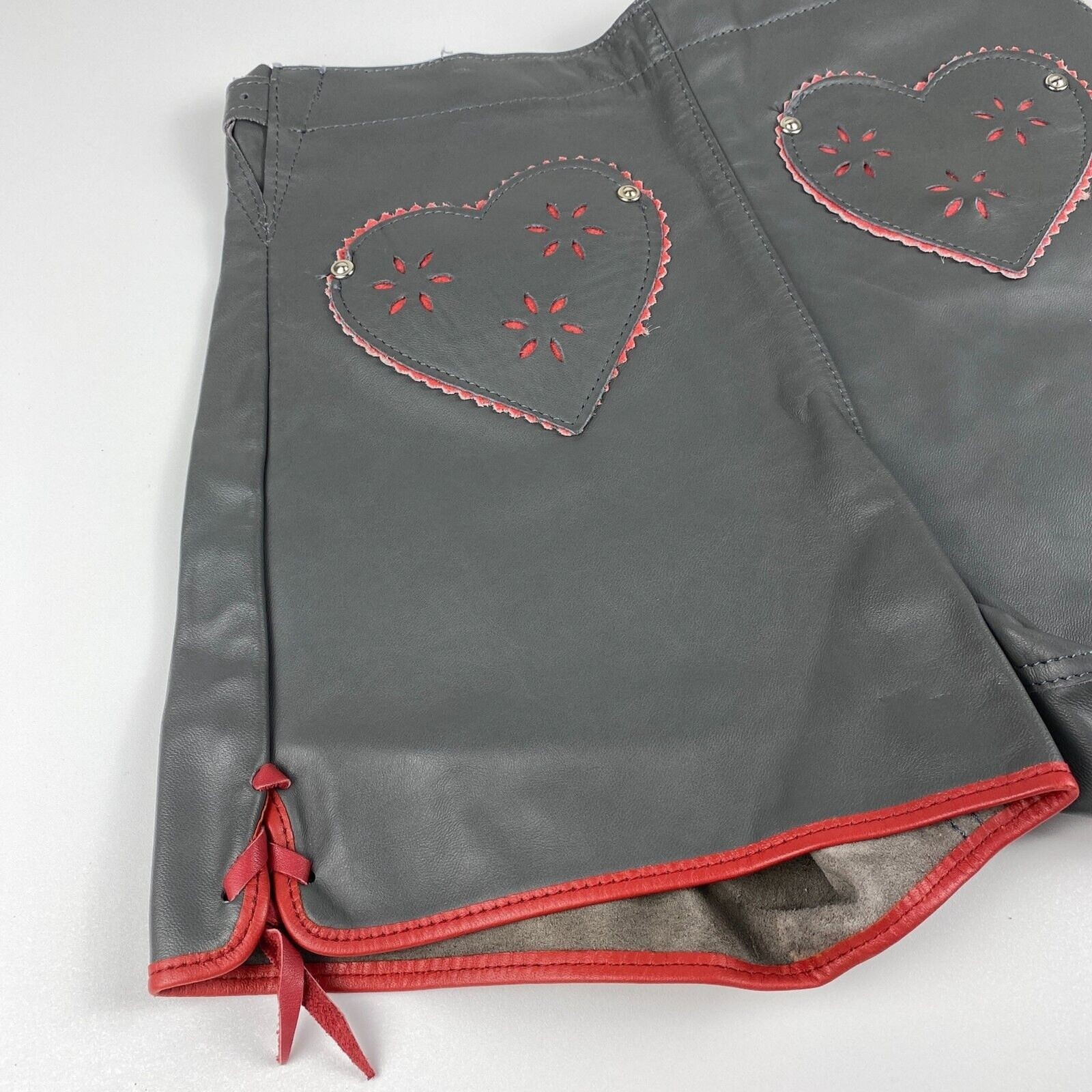 VTG 60s German Lederhosen Child Shorts Authentic Gray Leather Oktoberfest Heart