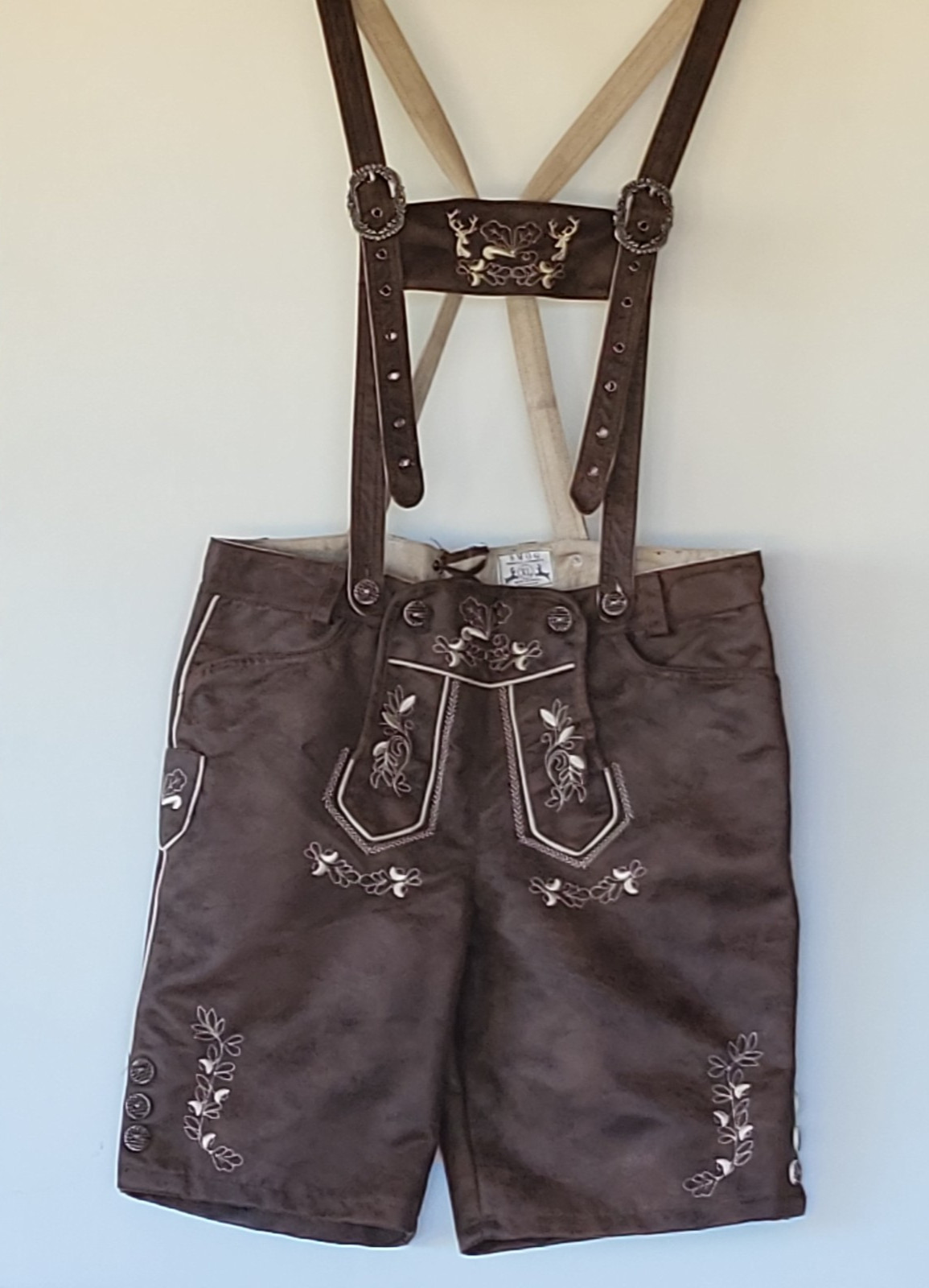 SMOG Men’s XL Brown Embroidered Lederhosen Bavarian Shorts Oktoberfest Munich