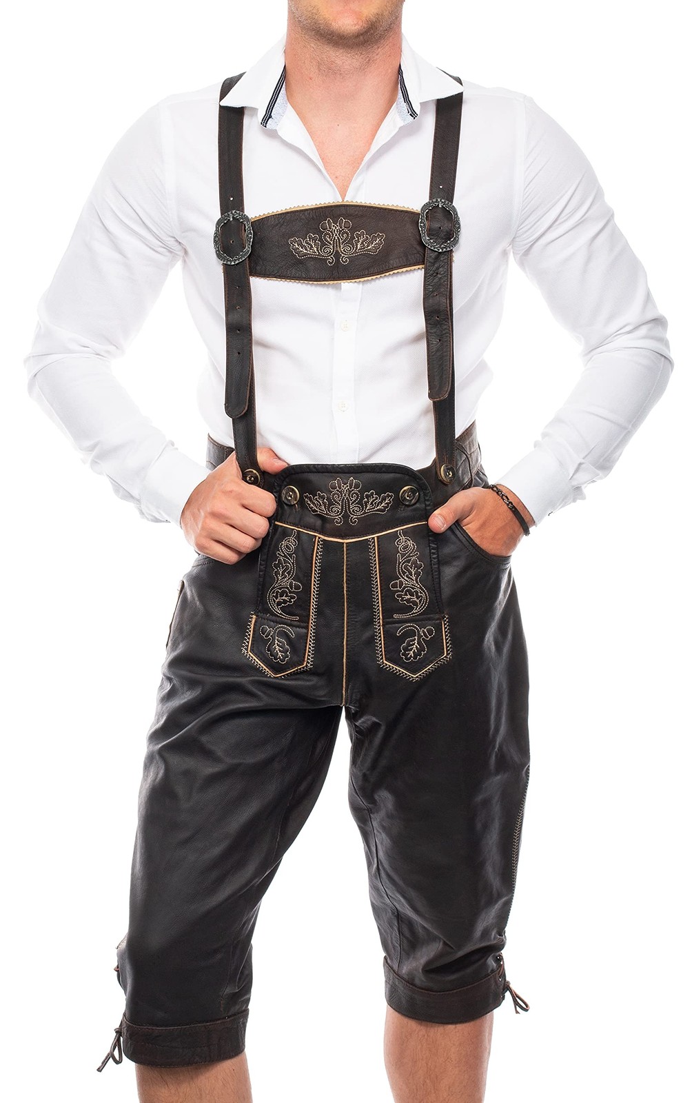 Traditional Lederhosen Men’s CapriLength Dark Brown – Size 50 – Oktoberfest
