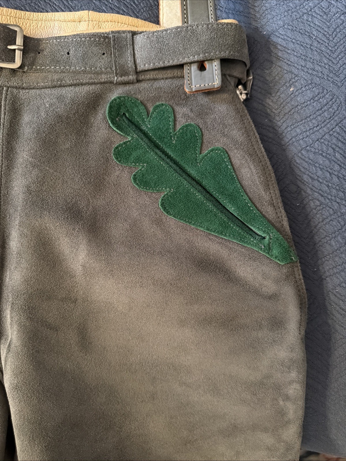 Vintage Lederhosen West Germany Leather Suede Gray Waist 26 Button Suspenders