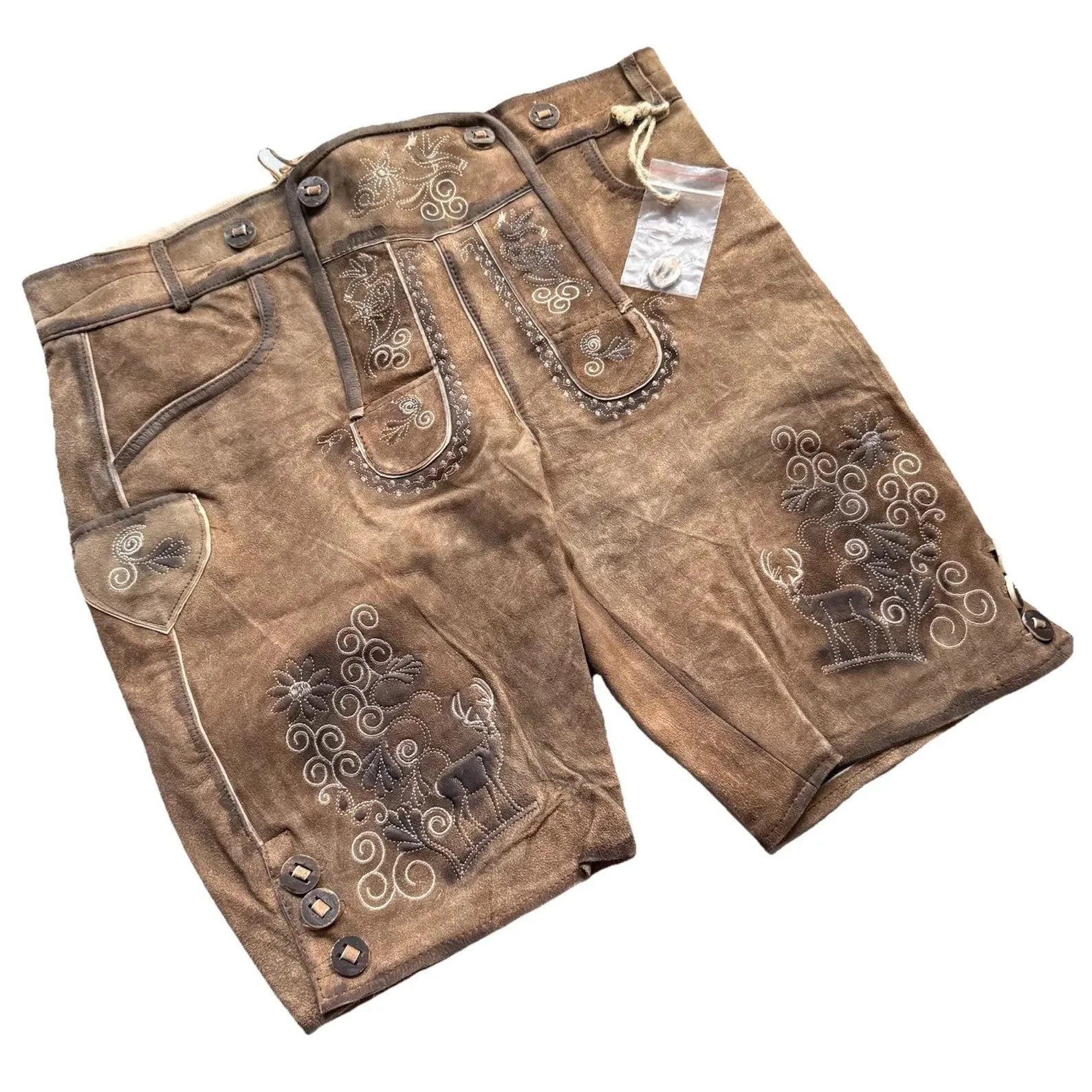 Men’s Authentic Brown Suede Leather Lederhosen Embroidered Suspenders Oktoberfes
