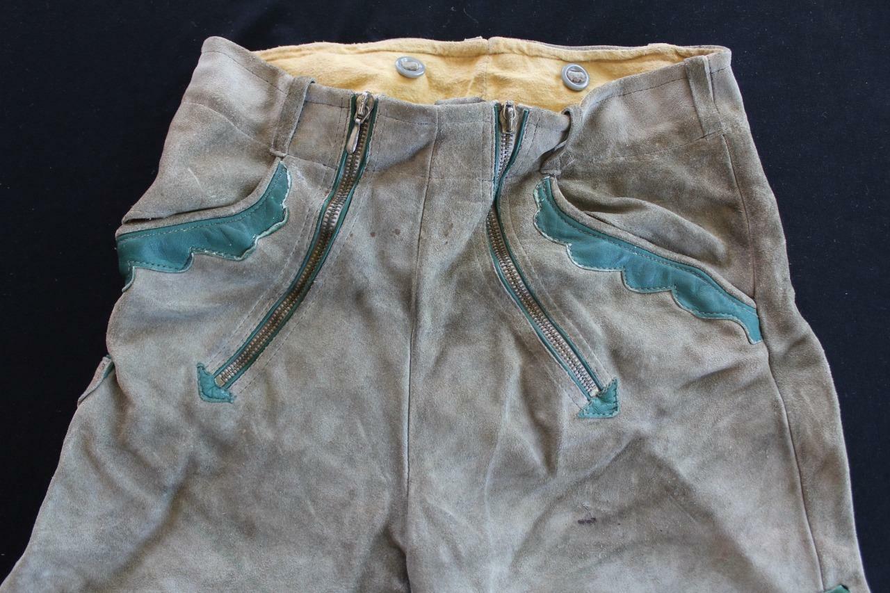 VINTAGE 1970’S GRAY GREEN SUEDE AUTHENTIC SUEDE LEDERHOSEN SHORTS SIZE 26″ WAIST