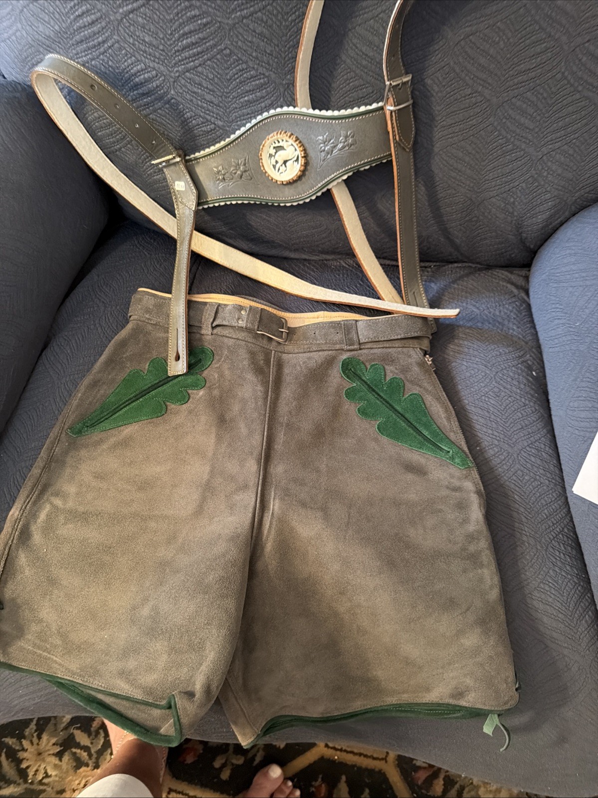 Vintage Lederhosen West Germany Leather Suede Gray Waist 26 Button Suspenders