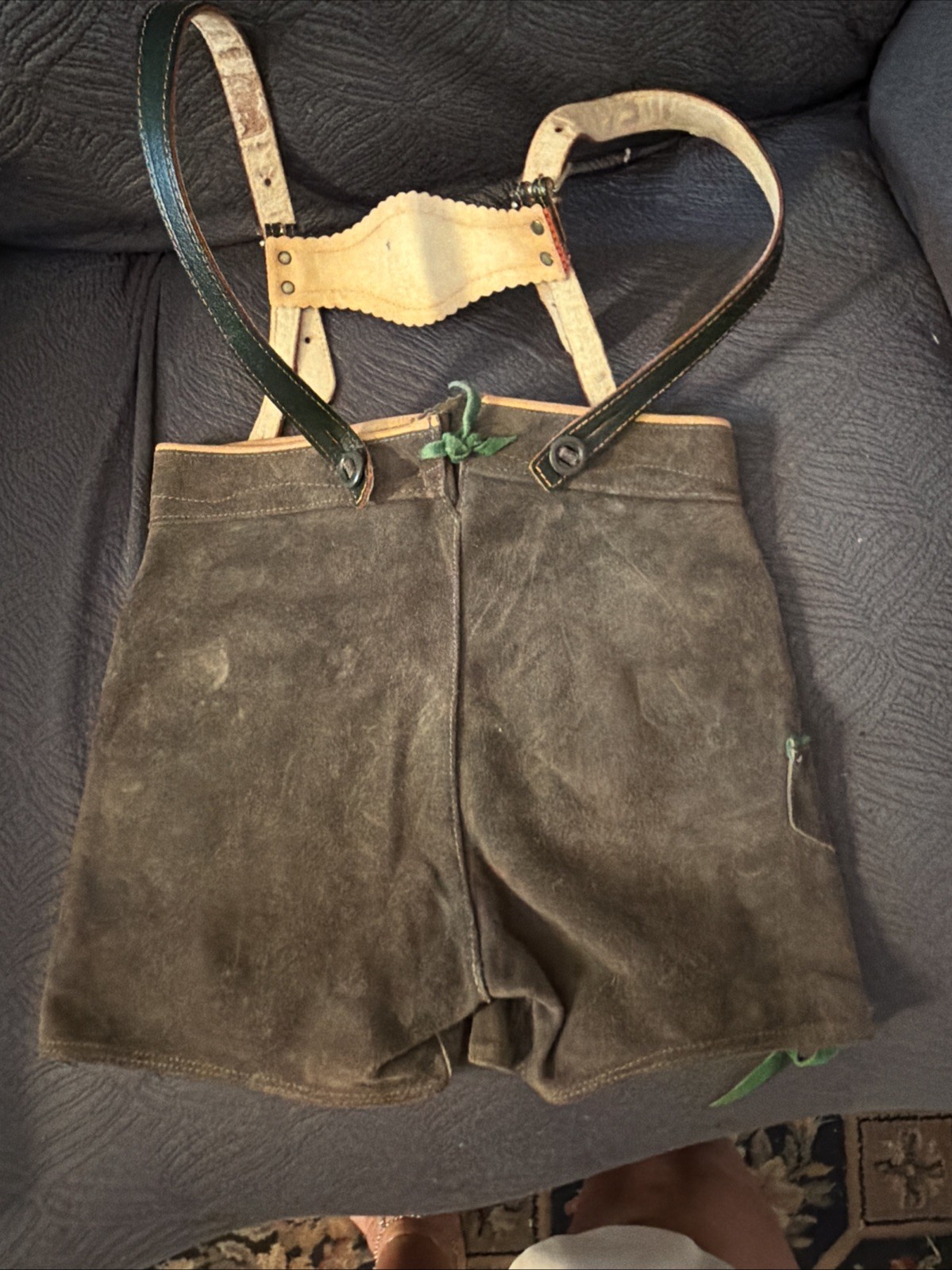 Vintage Lederhosen West Germany Leather Suede Gray Waist 21 Button Suspenders
