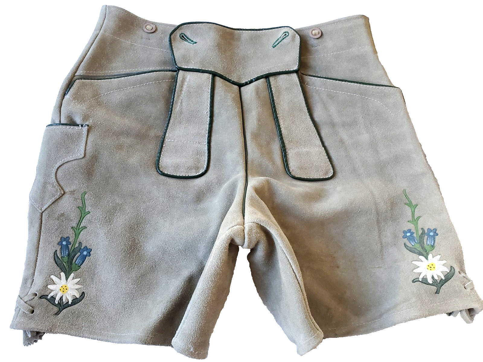 Vtg 70’s Authentic Lederhosen Gray-Green Shorts Suede Leather 30″Waist Edelweiss