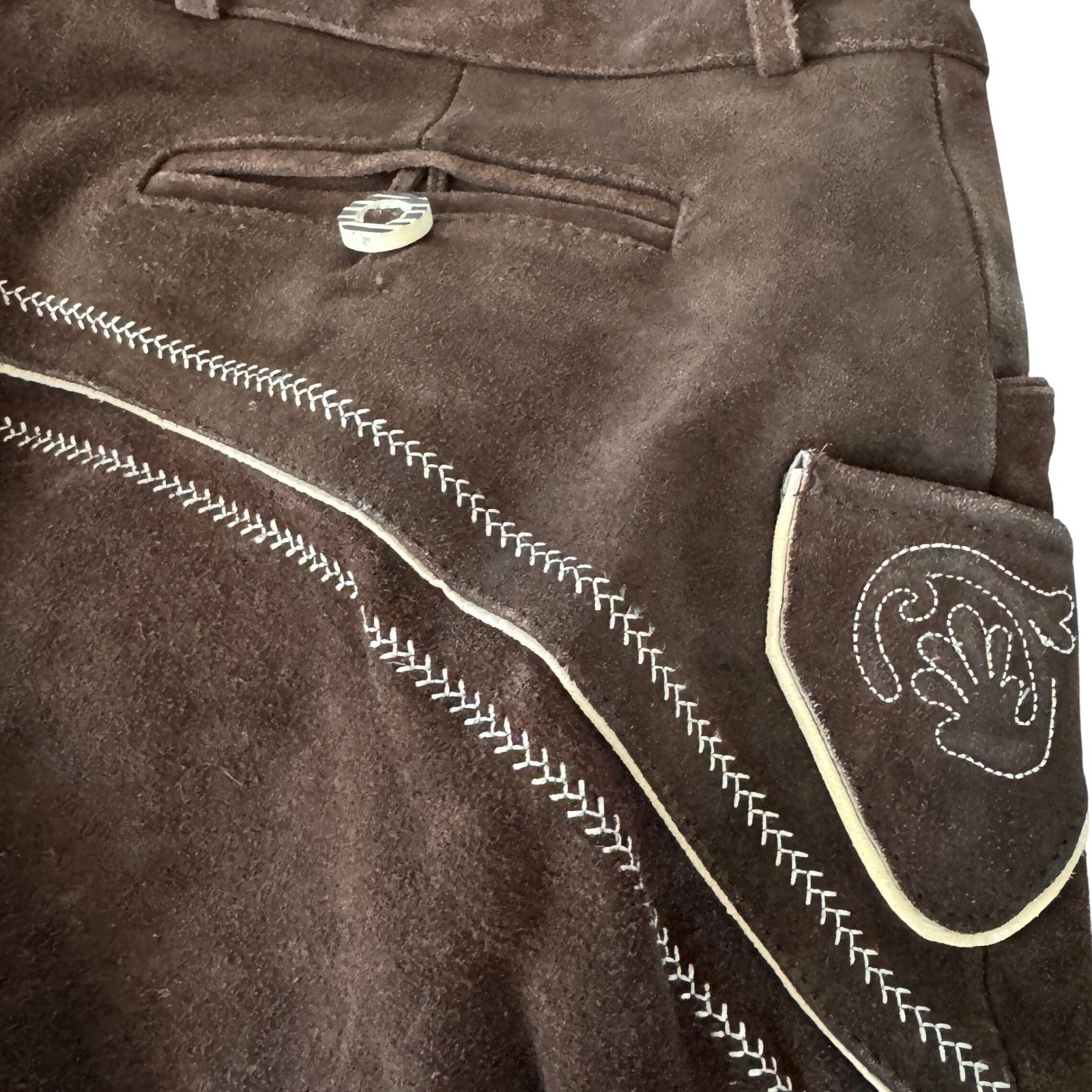 Brown Suede Lederhosen Bavarian German Oktoberfest Suspenders Embroidery 42″
