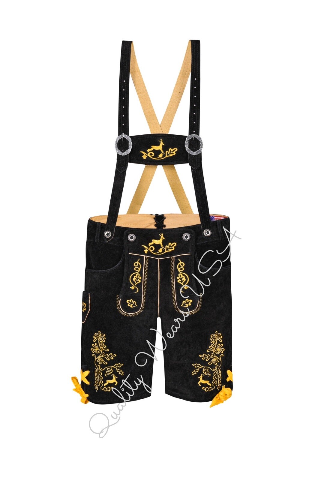 Men Authentic Lederhosen – Oktoberfest Lederhosen- Black & Yellow