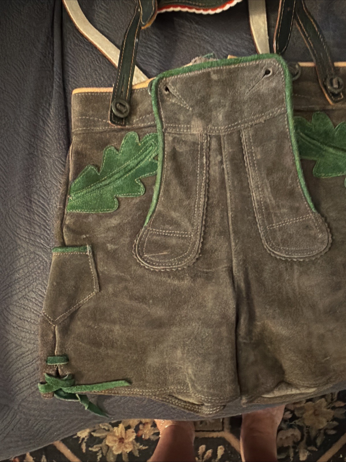 Vintage Lederhosen West Germany Leather Suede Gray Waist 21 Button Suspenders